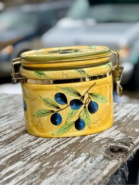 Hand-Painted Yellow Olive Ceramic Canister with Clamp Lid